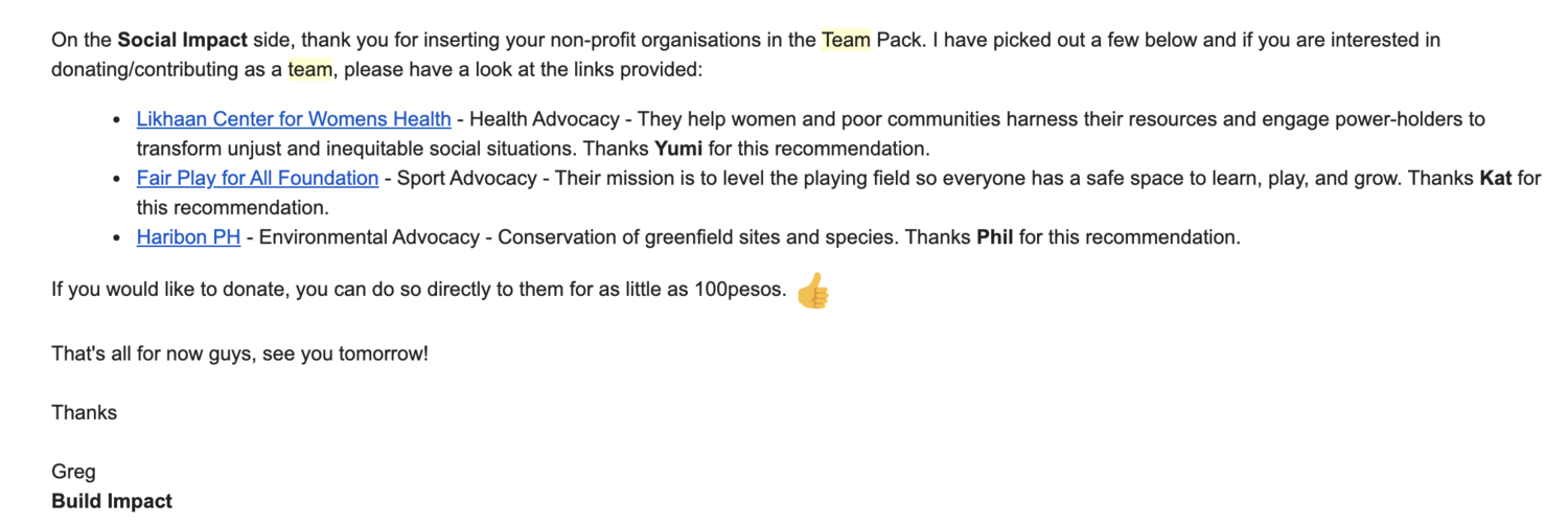 An email from Greg Valencia informing the participants about the non-profit organizations shared during the activity.