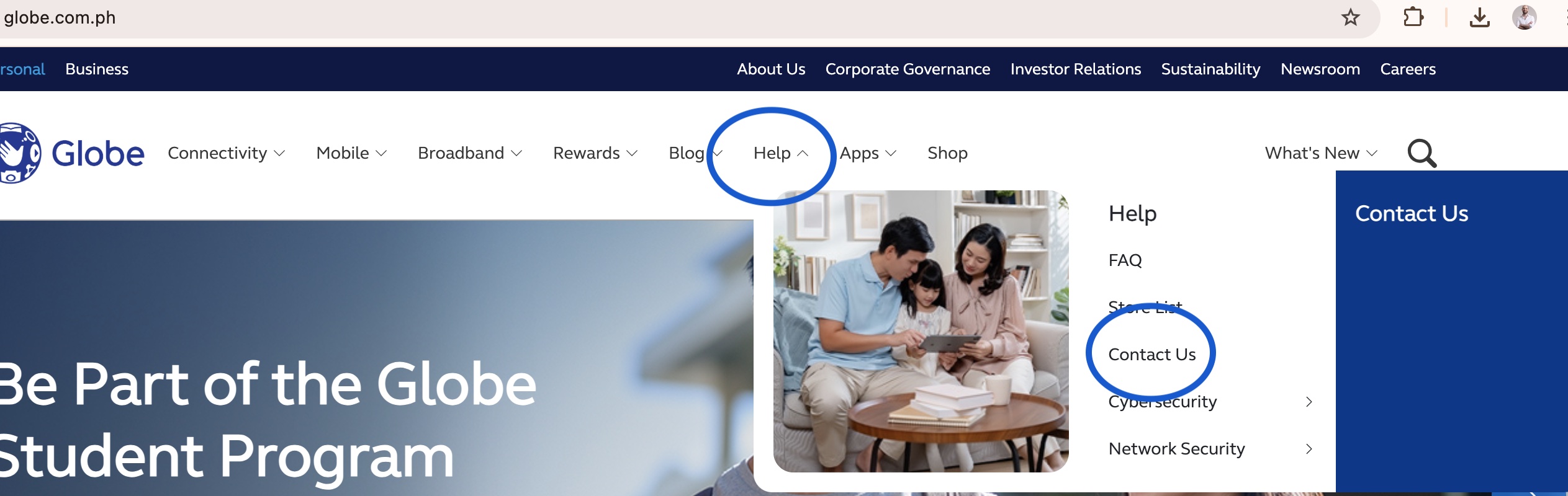 Screenshot of Globe Telecom's website menu structure